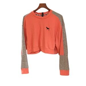 Victorias Secret‎ PINK Cropped Sweatshirt Coral Gray Colorblock Dog Logo Large
